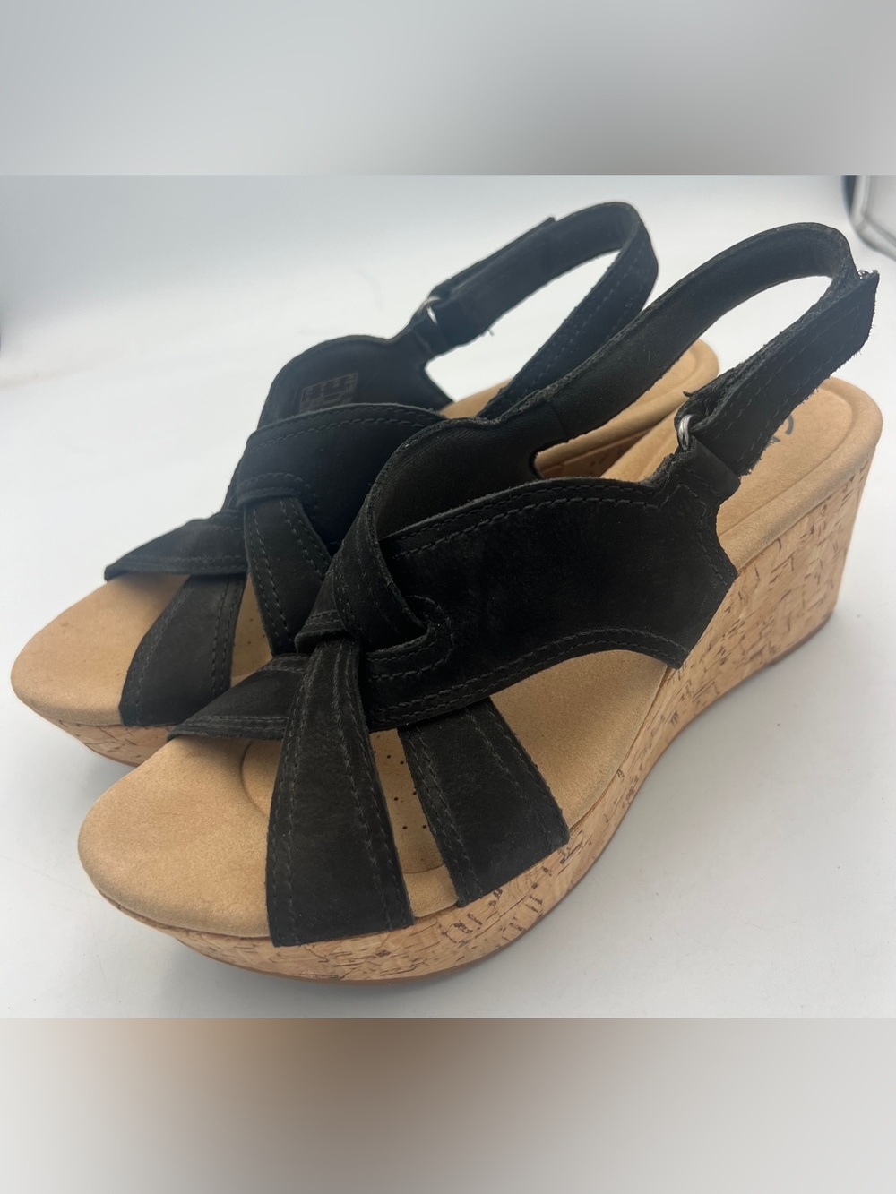 Clark’s Collection Rose Grace Wedge Sandal Black Nubuck Leather Women’s Size 8